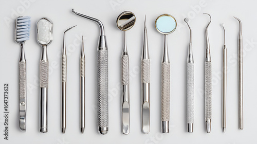 Dental tools toothbrush and mirrors arranged neatly on white background