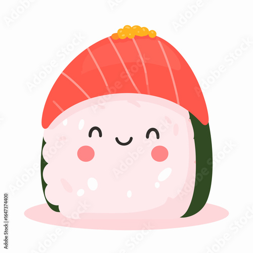 A cute kawaii salmon nigiri sushi character with a happy smiling face.