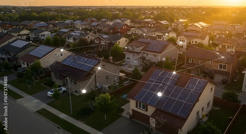 Aerial view of suburban houses with solar panels connected by network lines at sunset