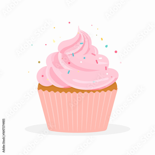A delightful cartoon cupcake featuring pink swirled frosting topped with colorful sprinkles.