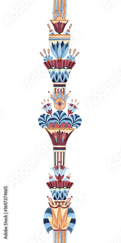 Oriental Arabic ornament seamless border vertical. Vases lotus, ancient column. Ethnic patterns. Watercolor illustration isolated from background. For souvenir merchandise, textile, stationery