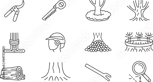 Gardening tools and tree elements outline icons pruning