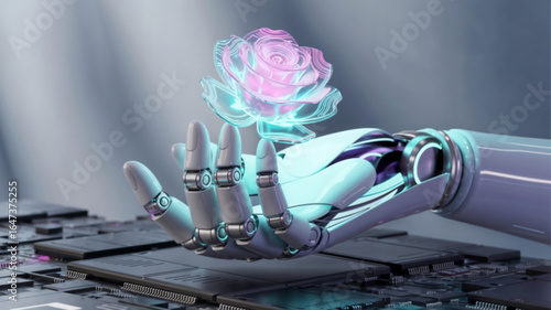 robotic hand holding glowing flower technology concept