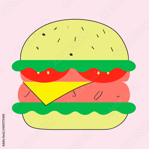 Stylized flat design cheeseburger illustration with a sesame seed bun, lettuce, and tomato.