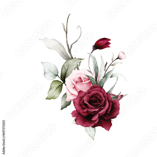 Beautiful red maroon and pink roses with watercolor leaves