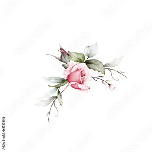 Beautiful pink roses with watercolor leaves