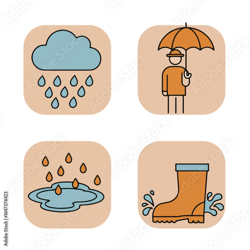 Rainy day icons show cloud, umbrella, puddle, boot on beige background