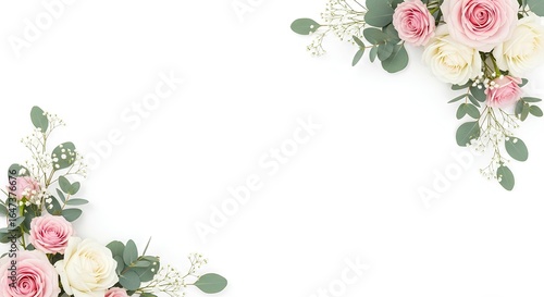 Fototapeta Naklejka Na Ścianę i Meble -  Elegant floral border frame with soft pink and white roses, fresh eucalyptus, and delicate baby's breath on a pristine white background.