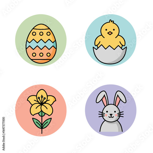 Easter icons set egg, chick, flower, bunny in pastel circles