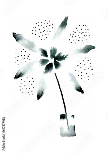 Fotografija A minimalist ink illustration of a long-stemmed flower in a small pot