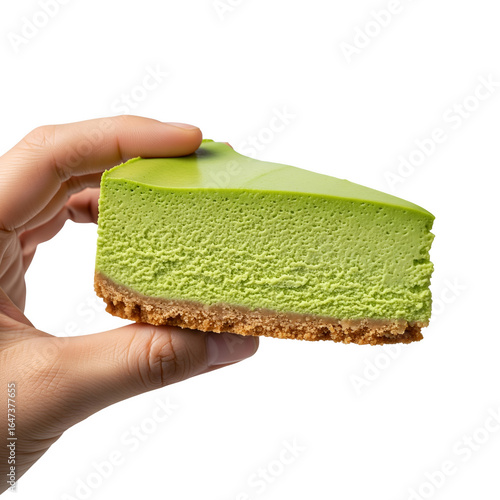 Hand holding a slice of matcha cheesecake isolated on a transparent background 