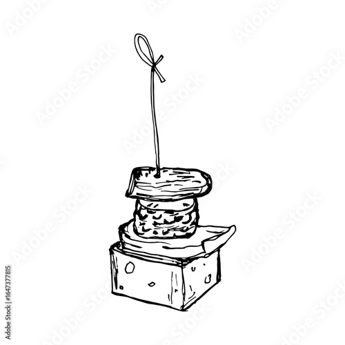 Vector isolated image of Canape, small sandwich strung on skewer. Snack for alcohol, appetizer. Single black and white sketch on white background.