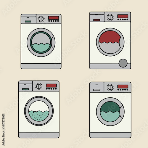 Four washing machine drawings with water and settings