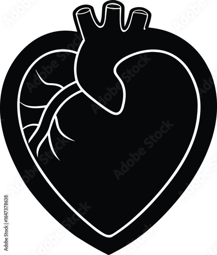 Stylized black heart with anatomical heart details and white outline human organ