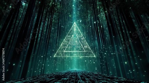 Abstract neon triangle with cyber code in a mystical woodland