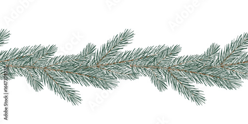 Seamless horizontal border with green fir branches painted in watercolor. Winter botanical illustration on white background. Perfect for Christmas cards, wrapping paper, and festive decorations.