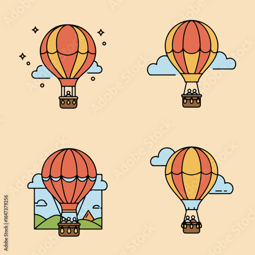 Four hot air balloon icons with passengers and outdoor scenes