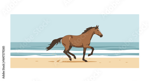Horse running Brown horse gallops along beach with a blue ocean backdrop