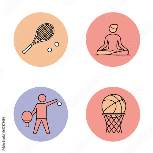 Sports&Wellness Icons of tennis, meditation, ping-pong and basketball activity