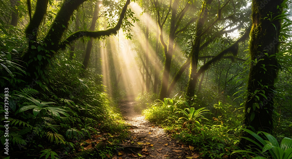 Fototapeta premium Sunbeams pierce through lush green rainforest canopy illuminating a forest path