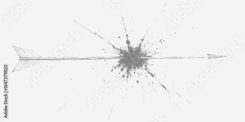 Arrow and splashes. Dark shape with spray speckles, gritty overlay, textured brush strokes. The threshold edges.