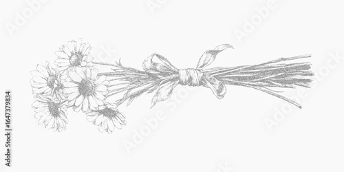 Bouquet of flowers. Aged abstract shape filled with gravel noise, soft threshold ink border, grainy dotwork effect.