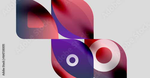 Abstract shapes overlap, creating vibrant color blends. Gradients shift from purple to red, set against light gray background. Modern design elements.
