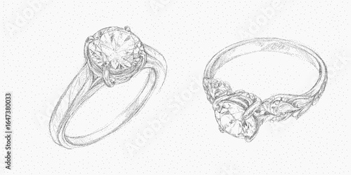 Two diamond rings. Faded ink object with soft threshold lines, dusty grain and sand texture. Grunge speckle and vintage style surface detail.