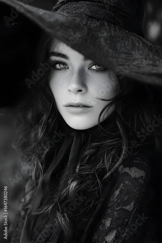 A captivating black-and-white portrait of a witchy woman, exuding mystery and elegance.