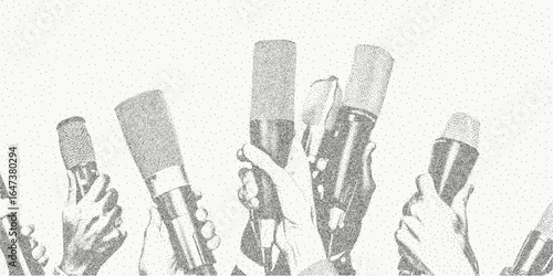 Hands holding microphones, interview. Inked object with stipple detail, noisy grain and threshold blur. Dust layer and smudged marks.