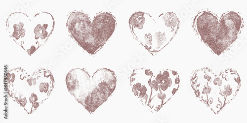 Set of crayon heart drawings. Irregular shape with gritty noise subtle threshold line and scattered ink. Paper texture with dry stipple and faded grain finish.