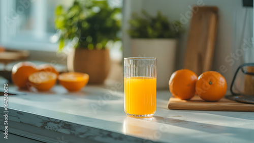 A glass of orange juice on a white countertop, with oranges and a plant in the background, soft diffused lighting.