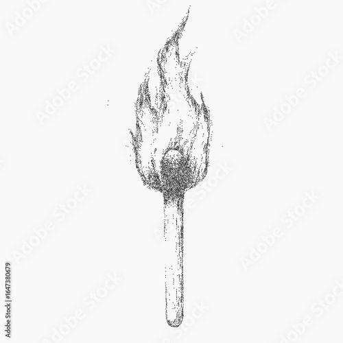 Burning match drawing. Soft brush element with threshold shading, scattered dots and grainy grit. Paper texture mixed with subtle retro speckle and faint stains.