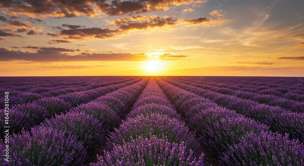 Obraz premium Sunset over Blooming Lavender Fields