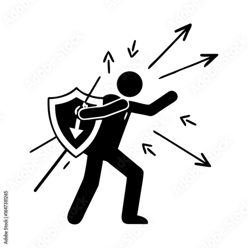 Brave man defends himself from problems using shield to deflect flying arrows from enemies. Brave guy demonstrates self-control when faced with business threats or troubles in personal ... See More
