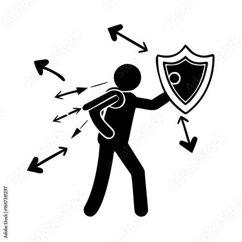 Brave man defends himself from problems using shield to deflect flying arrows from enemies. Brave guy demonstrates self-control when faced with business threats or troubles in personal ... See More

