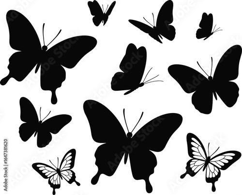 Butterfly silhouette vector set, black insect icons, isolated wing shapes, entomology design elements, nature clipart, flying bugs, editable illustration