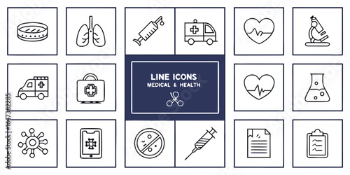Vector art of line icons representing medical and health isolated on white background, including petri dish and lungs