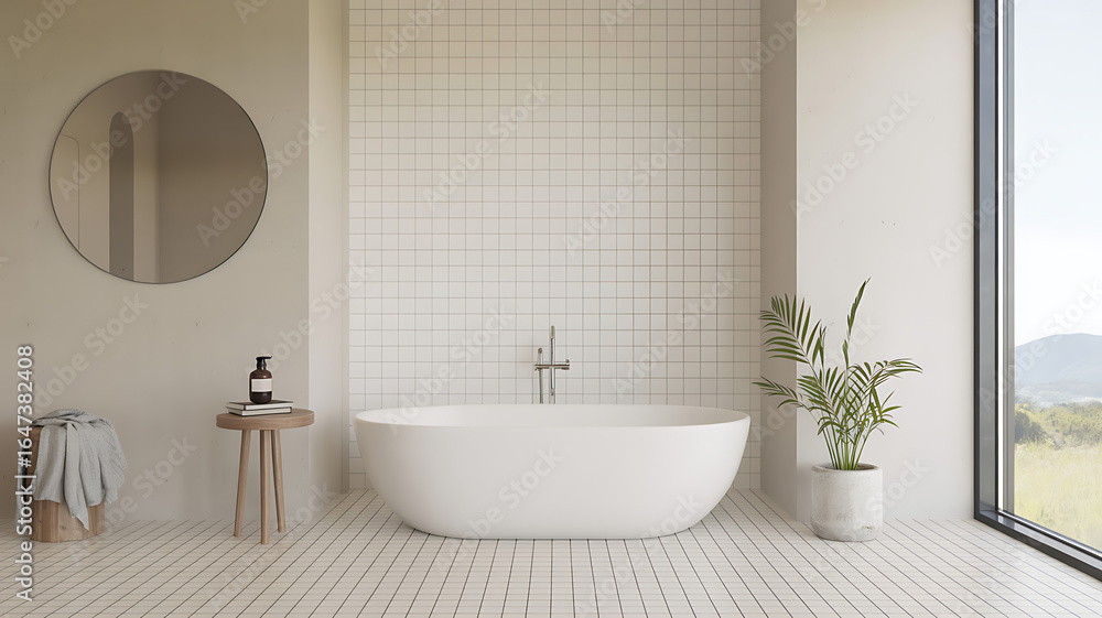 Fototapeta premium A minimalist bathroom with a freestanding white bathtub centered against a wall tiled with small, square, off-white tiles. A chrome faucet is mounted on the wall above the tub. To the left, a round mi