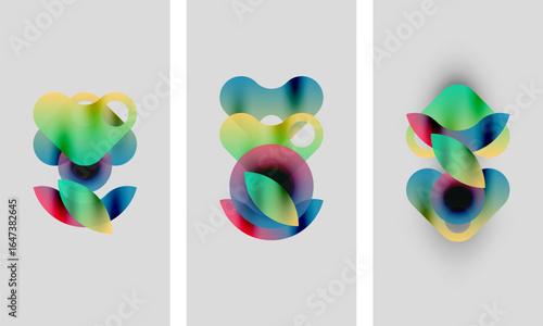 Abstract colorful shapes overlap, creating vibrant gradients. Three panels display similar compositions, differing slightly in hue. Minimalist design, soft background.