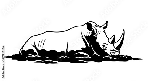 powerful rhino submerged in mud a dramatic black and white illustration perfect for wildlife conservation african safari or strength and resilience themes