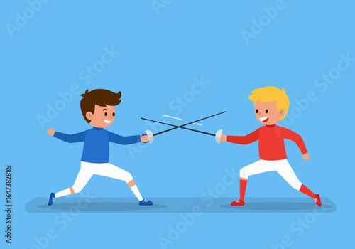 Cartoon Fencing Match: Two Boys in Action with Swords