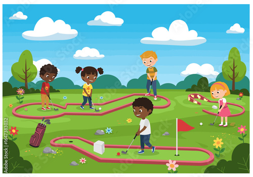 Children Playing Miniature Golf on a Sunny Day Illustration
