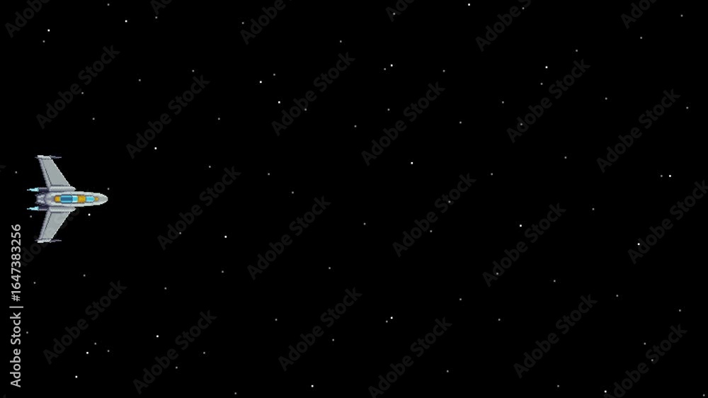 Looping pixel art of a spaceship flying in space with moving stars and central empty area for text or design elements.