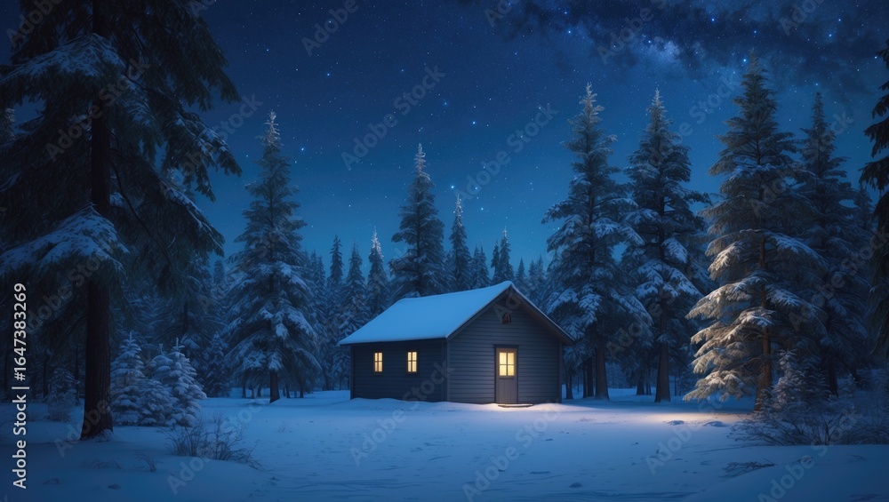 Naklejka premium A cozy cabin in a snowy forest at night with stars visible in the sky.