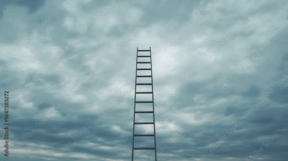 A solitary ladder rises into dark, stormy clouds, evoking mystery and challenge. A solitary ladder rises into dark, stormy clouds, evoking mystery and challenge.