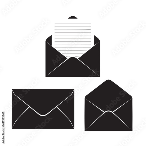 Three black silhouette icons of envelopes in different states of opening and closing mail letter