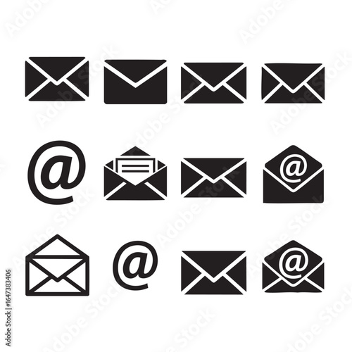 Twelve black and white icons featuring envelopes and at symbols for email communication letter
