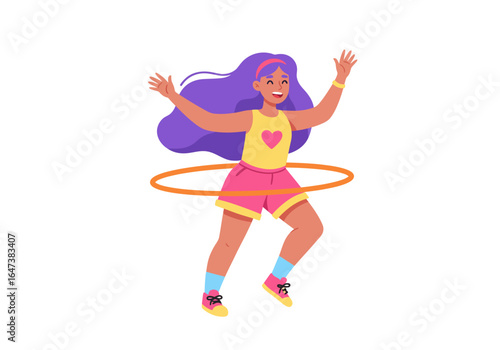 Cartoon Girl Hula Hooping with Purple Hair and Pink Outfit