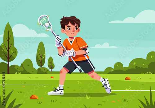 Boy Playing Lacrosse with Stick on Field Illustration